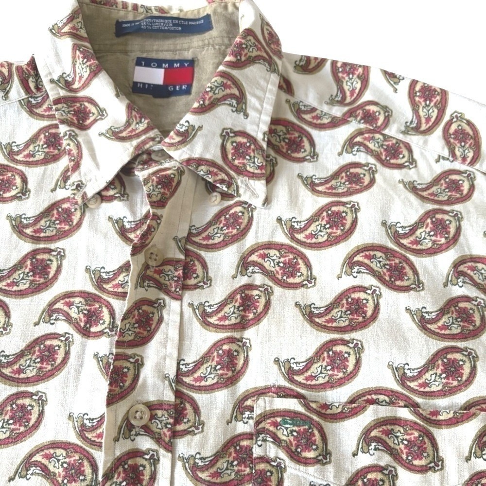 Vintage 90s Tommy Hilfiger Paisley Shirt Men's M Linen Cotton Blend Short Sleeve